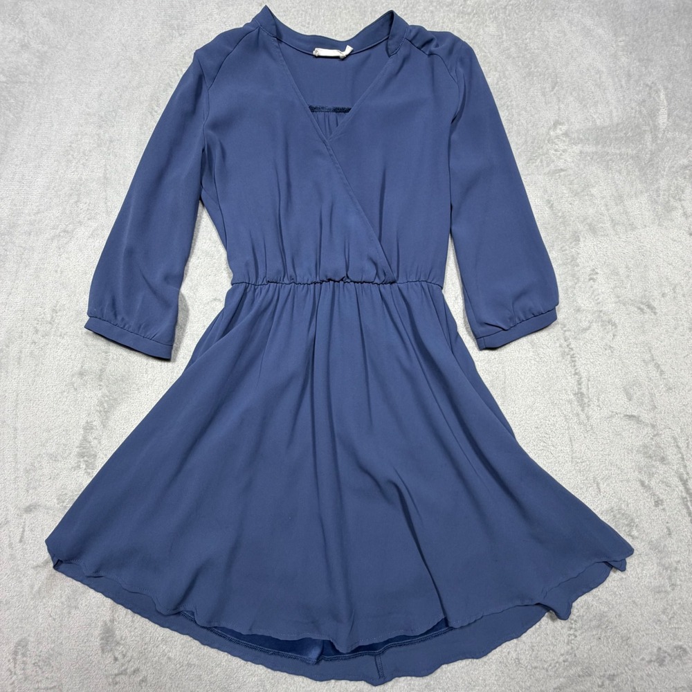 Lush Blue Crepe Fit and Flare Mini Dress Surplice V-Neck‎ 3/4 Sleeve Size S